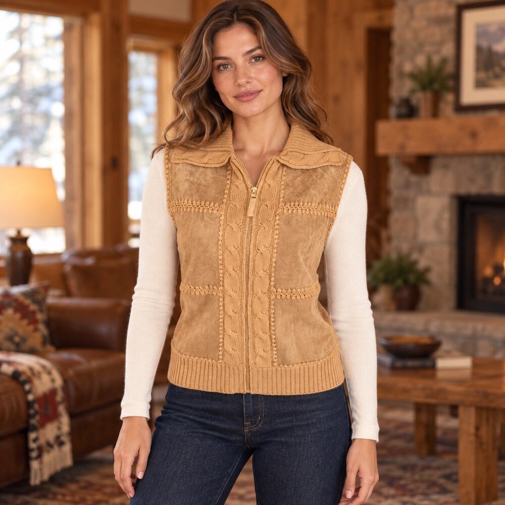 Genuine Leather Vest 90s Cable Knit Patchwork Camel Designers Studio L